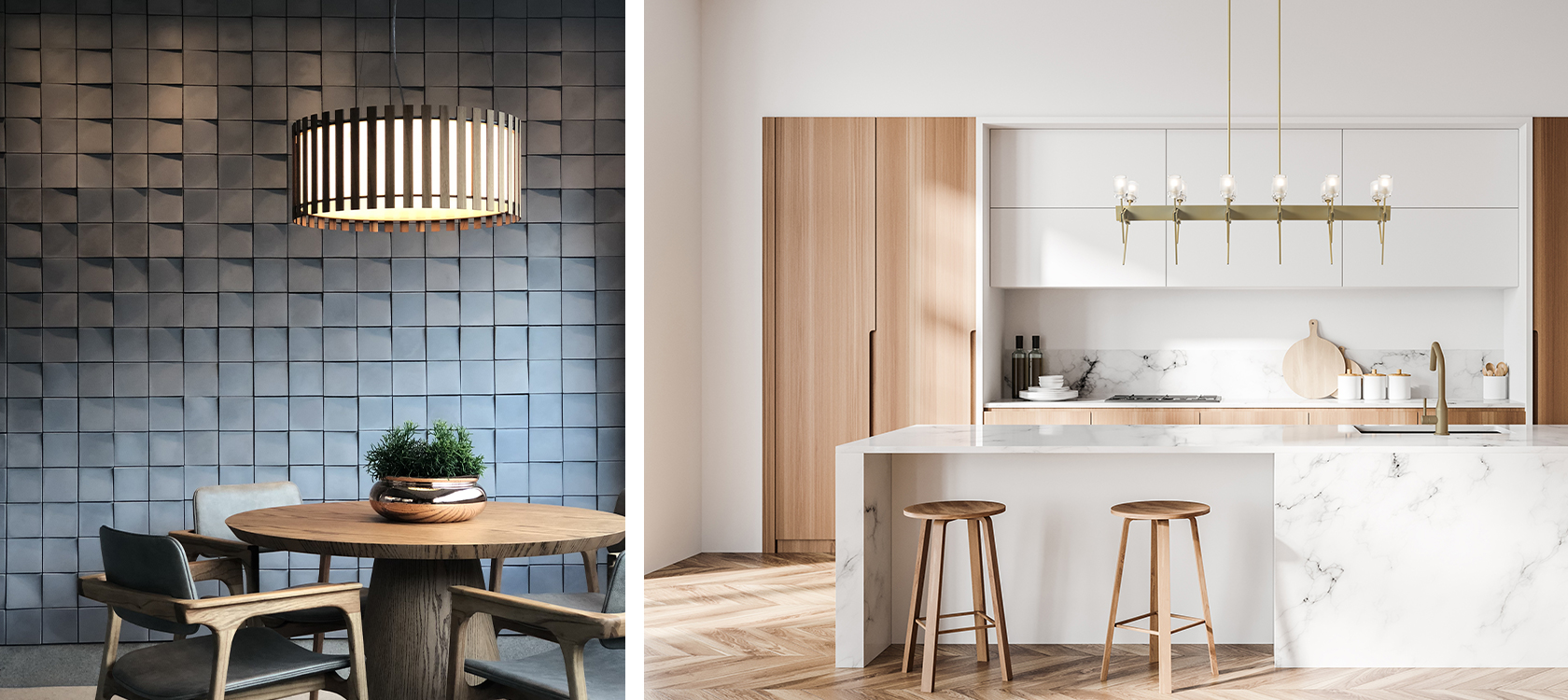 Decorative pendant lighting over a dining table and a kitchen island